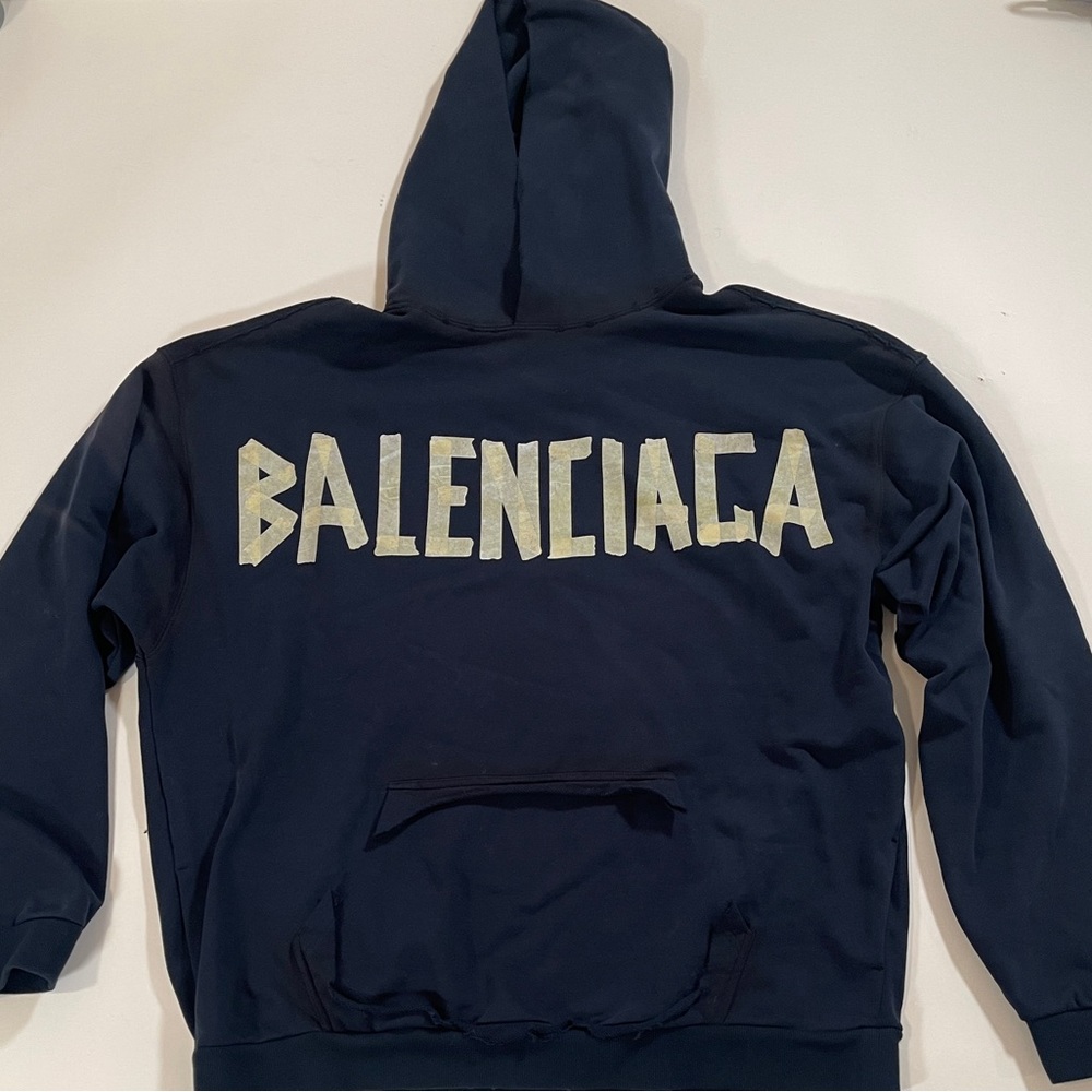 Balenciaga TAPE TYPE RIPPED POCKET HOODIE OVERSIZED IN Navy Blue FADED